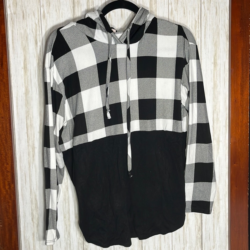 Honeyme Black and White Check Colorblock Long Sleeve Hoodie with Pocket Size Med